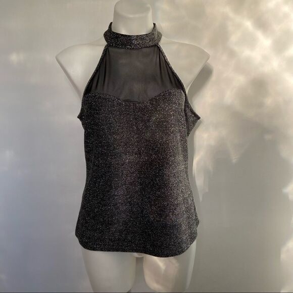Shein Mesh Insert Glitter Halter top NYE Holiday - Picture 4 of 11